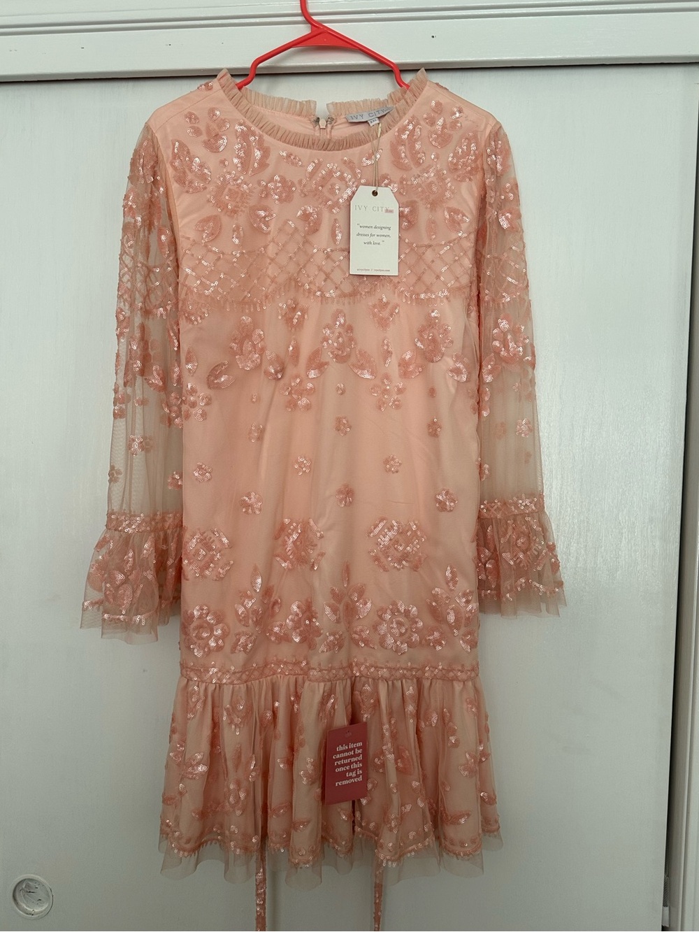 Ivy City Co Peach Sequin Floral Mesh Dress